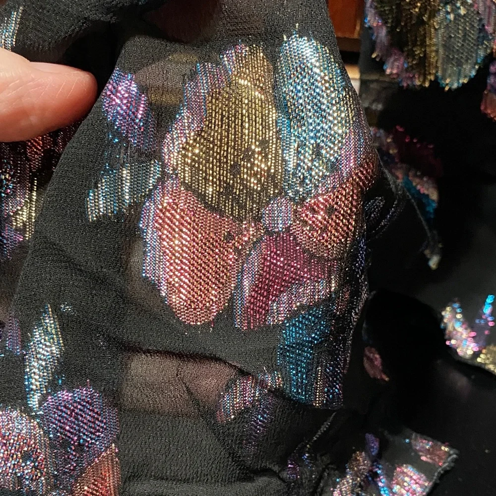 Vintage Amanda Smith 58” x 9” Multi color metallic black Floral Patterned Scarf